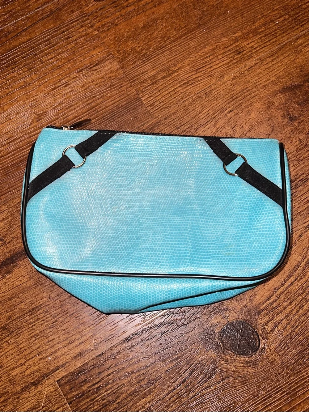 Lancome Turquoise Faux Snake Skin Makeup Cosmetic Bag Pouch Black Trim Y2K